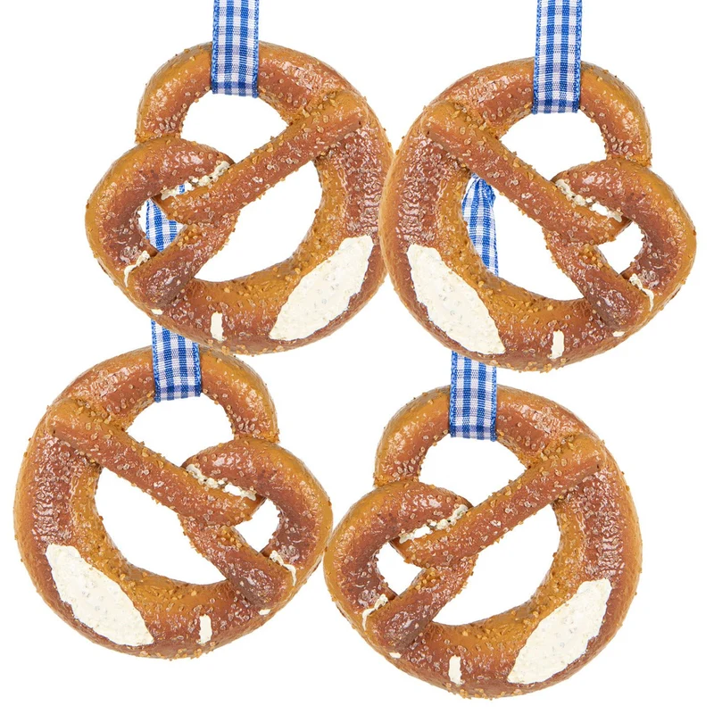 4 Deko Brezeln - bayerische Deko mit blau-weiß kariertem Band 7,5 x 7 cm