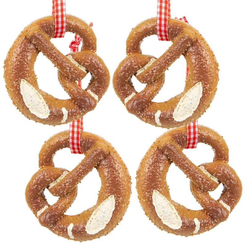 4 künstliche Brezen mit rot-weißem Band - Bayern Oktoberfest 7,5 x 7 cm