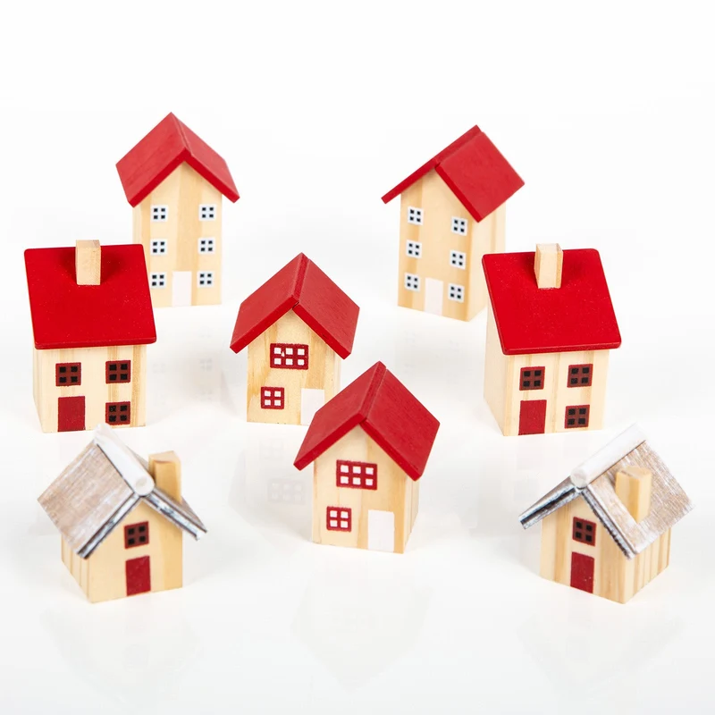 8 kleine Häuser - Deko Stadt weihnachtlich aus Holz rot braun 4-6 cm