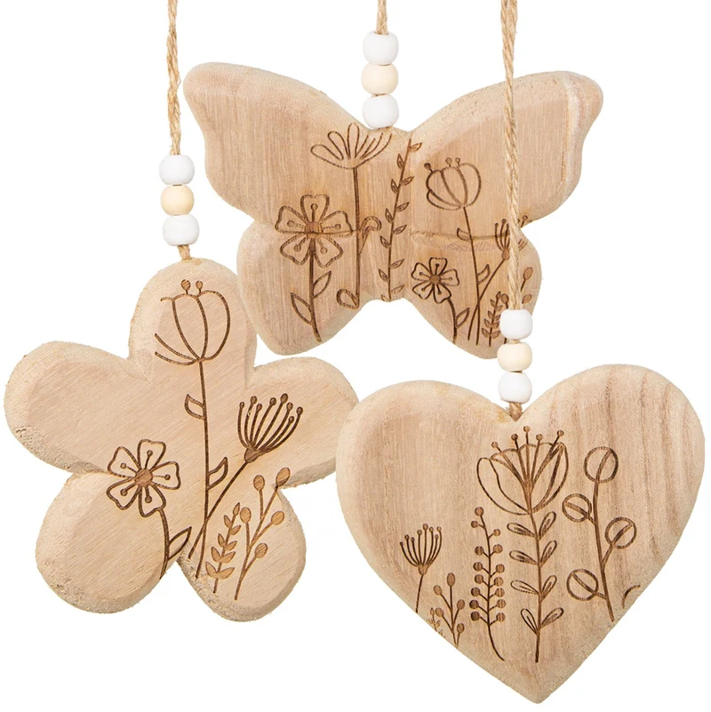 Logbuch-Verlag Frühlingsdeko Anhänger Set Blume Herz Schmetterling aus Holz Florale Holzanhänger Herbstdeko Geschenk Mama 10 x 10 x 2 cm 3-TLG.