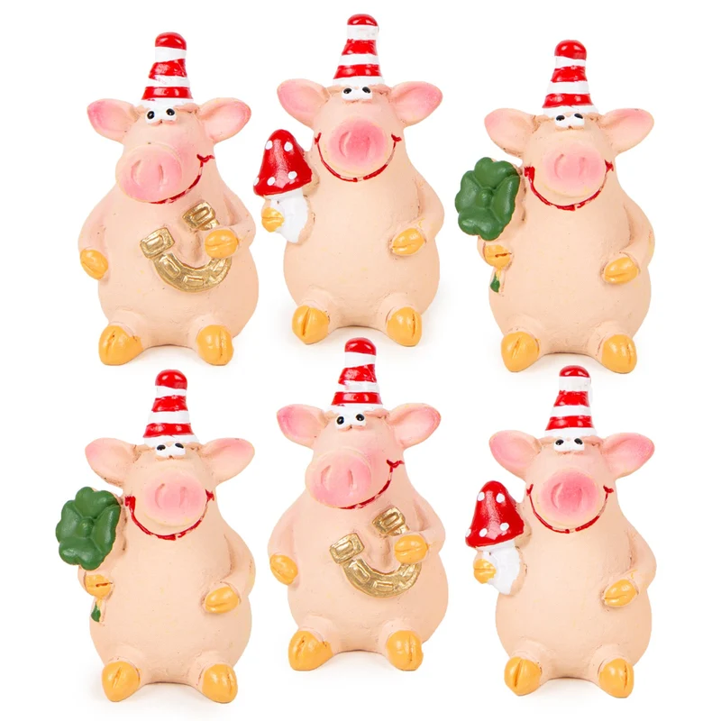 6 Glücksschweinchen Figuren bunt 6 cm - mit Glückssymbolen Silvester Deko