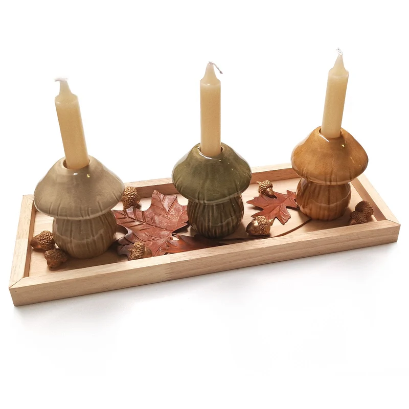 Deko-Set mit 3 Pilze und 3 Kerzen - Herbstdeko grün braun 36 x 13 x 12 cm