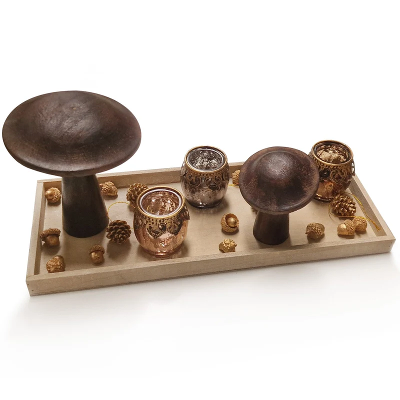 Herbstliches Deko-Set mit Pilzen Nüssen und Teelichtgläsern 45 x 18 x 20 cm