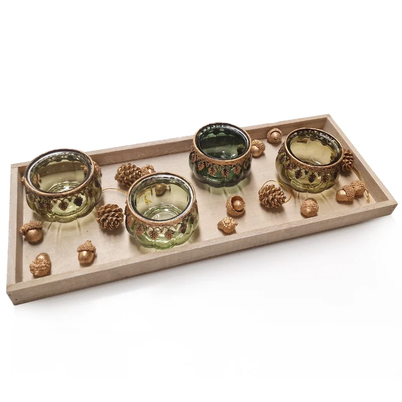 Logbuch-Verlag Geschenkset Herbst und Weihnachten Dekoration mit 4 Vintage Teelichtgläsern in Gold Natur und grün 45 x 18 x 10 cm