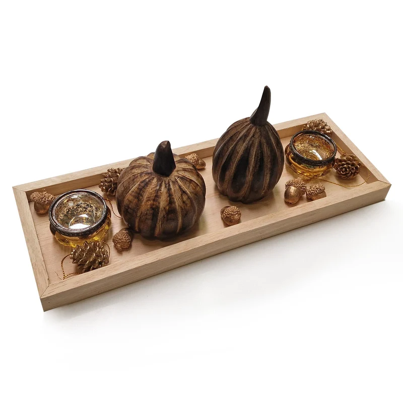 Logbuch-Verlag Herbstliche Deko mit Kürbissen, Eicheln und Teelichtgläsern in Naturfarben und Gold auf einem Holztablett 40 x 13 x 14 cm