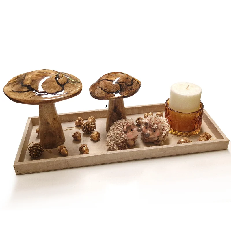 Logbuch-Verlag herbstliche Pilze Igel Dekoration mit Holz Tablett Kerze und kleinen golden Eicheln 45 x 18 x 20 cm
