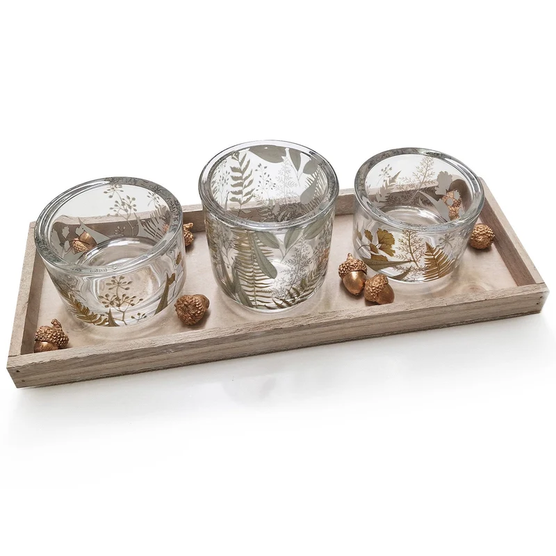Logbuch-Verlag herbstliches Deko Geschenkset für Frauen Kerzentablett mit 3 Teelichtgläsern und goldenen Eicheln zum Geburtstag 36 x 13 x 11 cm