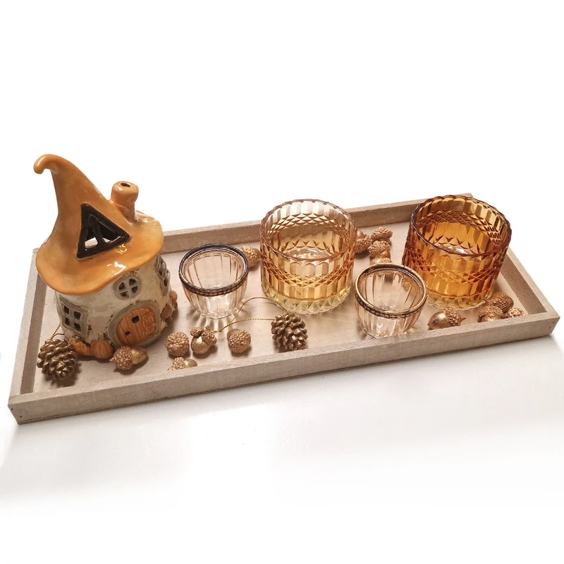 Logbuch-Verlag Komplettes Deko Set Herbst mit Windlicht Teelichtgläsern Eicheln auf einem Holz Tablett 45 x 18 x 18 cm