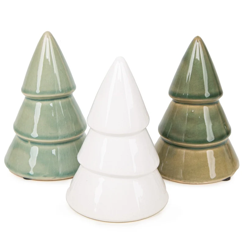 3 Weihnachtsbaum Baum Figuren aus Keramik grün weiß Weihnachten Deko innen 12 cm