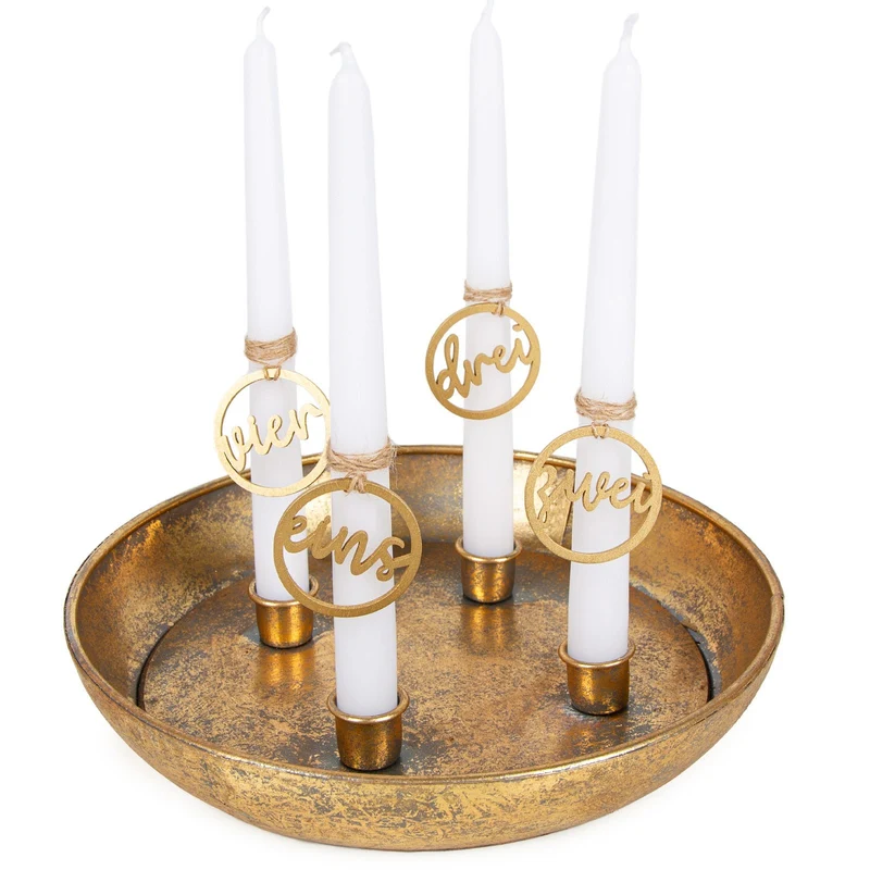 Logbuch-Verlag Adventskranz Gold aus Alu mit Langen Kerzen und Kerzenteller + eins Zwei DREI Vier Holz Zahlen 28 cm
