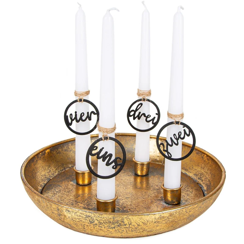 Logbuch-Verlag Adventskranz Gold aus Metall mit Kerzen und Schale + 1 2 3 4 Holz Zahlen goldfarben weiß 28 cm