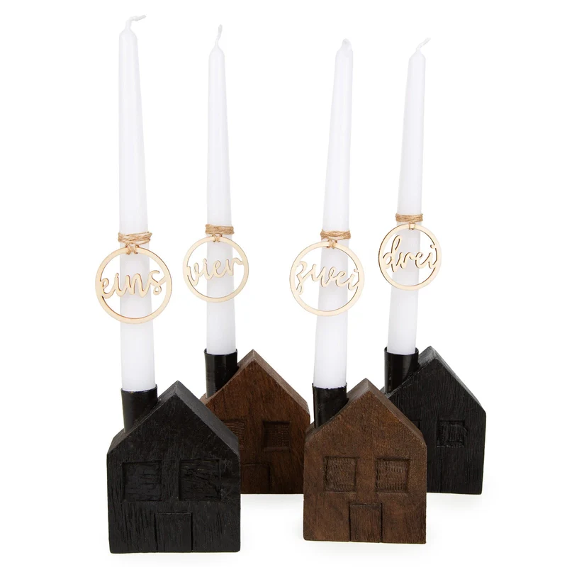 Logbuch-Verlag Adventskranz mit 4 Adventskerzen und eins Zwei DREI Vier Zahlen Häuser aus Holz Kerzenhalter schwarz braun weiß