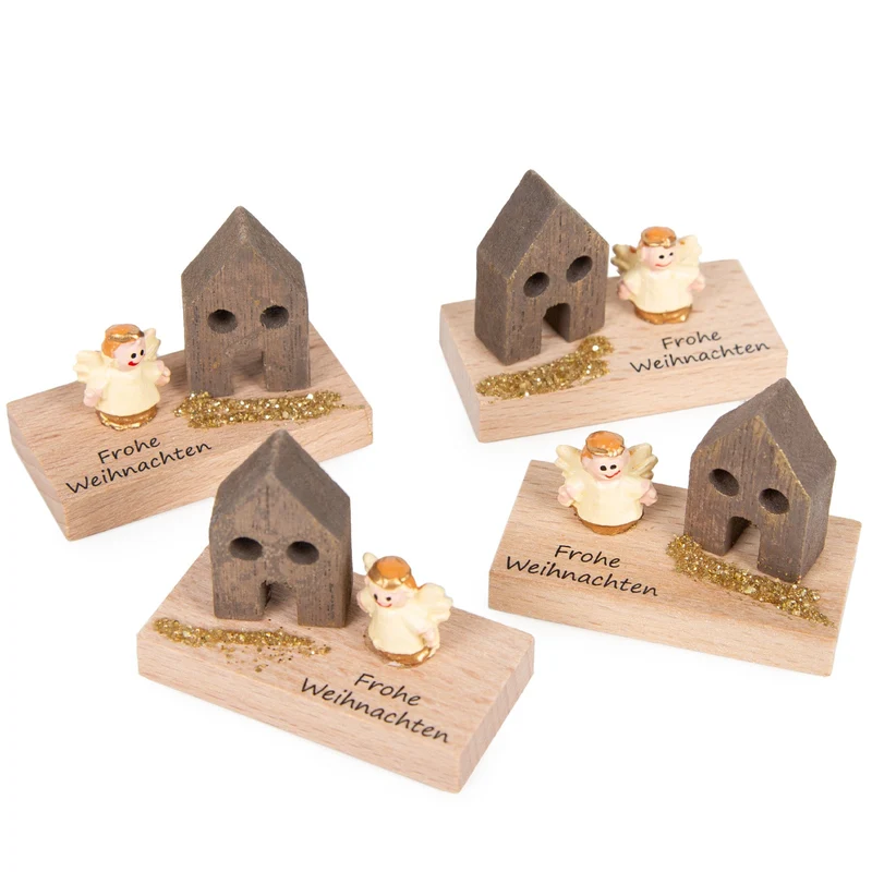 4 Frohe Weihnachten Geschenke aus Holz mit Engel 5 cm Gastgeschenk