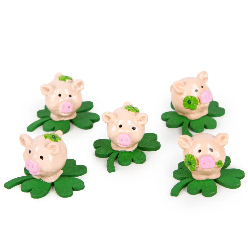 5 kleine Glücksbringer - Mini Glücksschweinchen auf Kleeblatt 2,5 cm