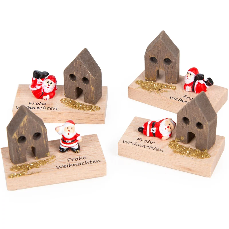 4 Mini Geschenke "Frohe Weihnachten" Nikolausfigur mit Haus 5 x 2,5 cm