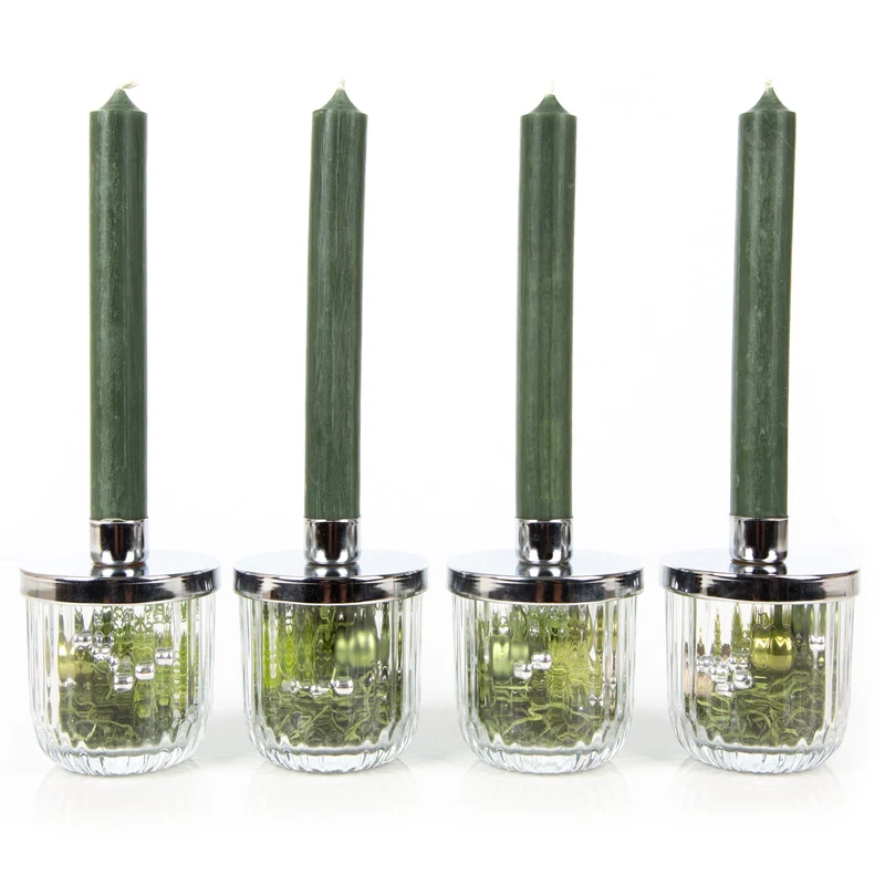 Logbuch-Verlag 4 Kerzenleuchter für Advent & Weihnachten fertig befüllte Kerzenhalter aus Glas Adventskranz Geschenk-Set grün Silber