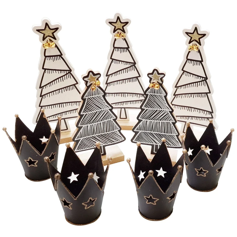 Logbuch-Verlag Weihnachtsdeko Set schwarz weiß Gold 5 Weihnachtsbäume aus Holz + 4 Kronen Teelichthalter