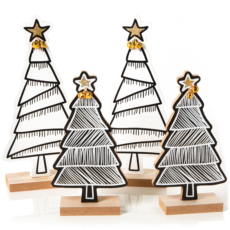 4 Weihnachtsbäume aus Holz - schwarz weiß 19,5 x 25,5 cm Weihnachten