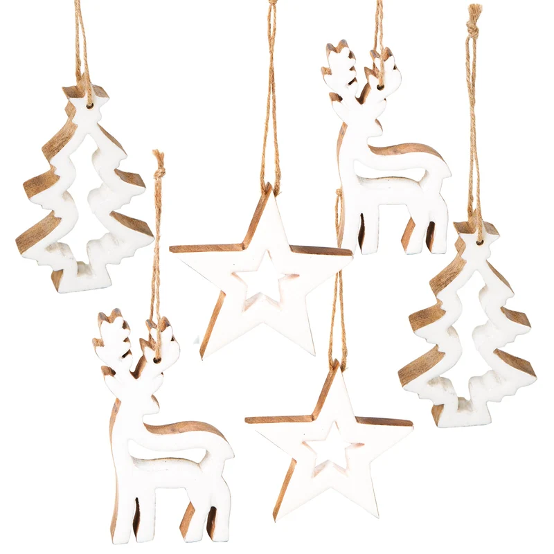 6 Christbaumanhänger aus Holz - Hirsch Tanne Stern 12 cm weiß braun