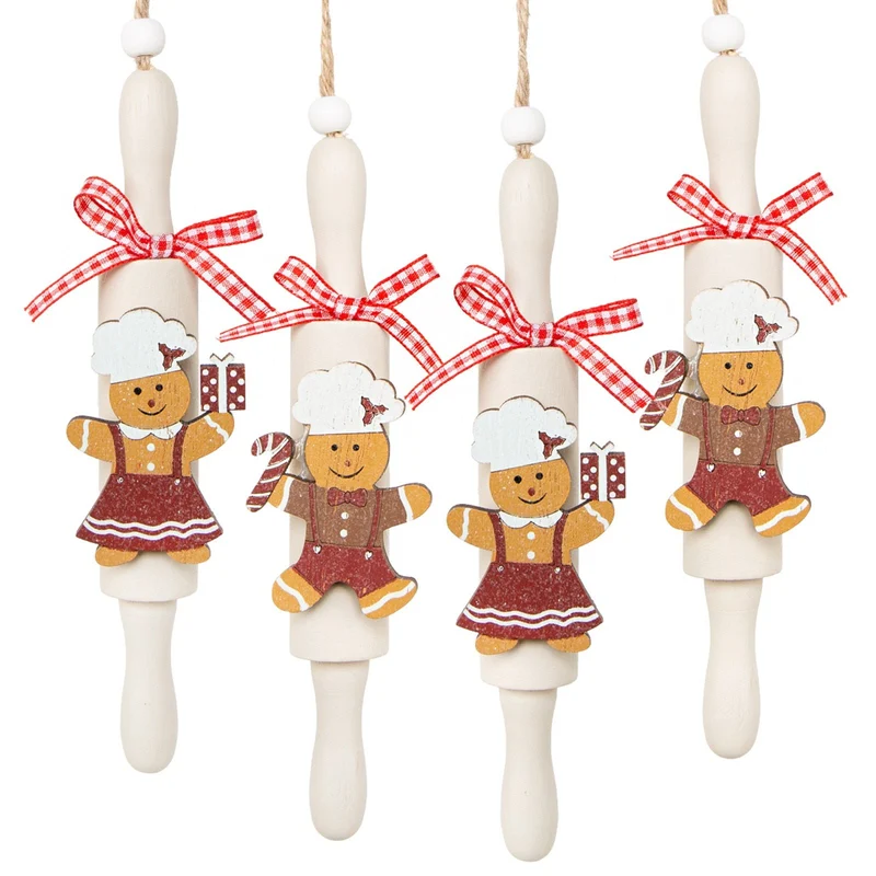 Logbuch-Verlag 4 besondere Weihnachtsanhänger Nudelholz mit Lebkuchenmann Holz Weihnachtsdeko zum Aufhängen 17 cm