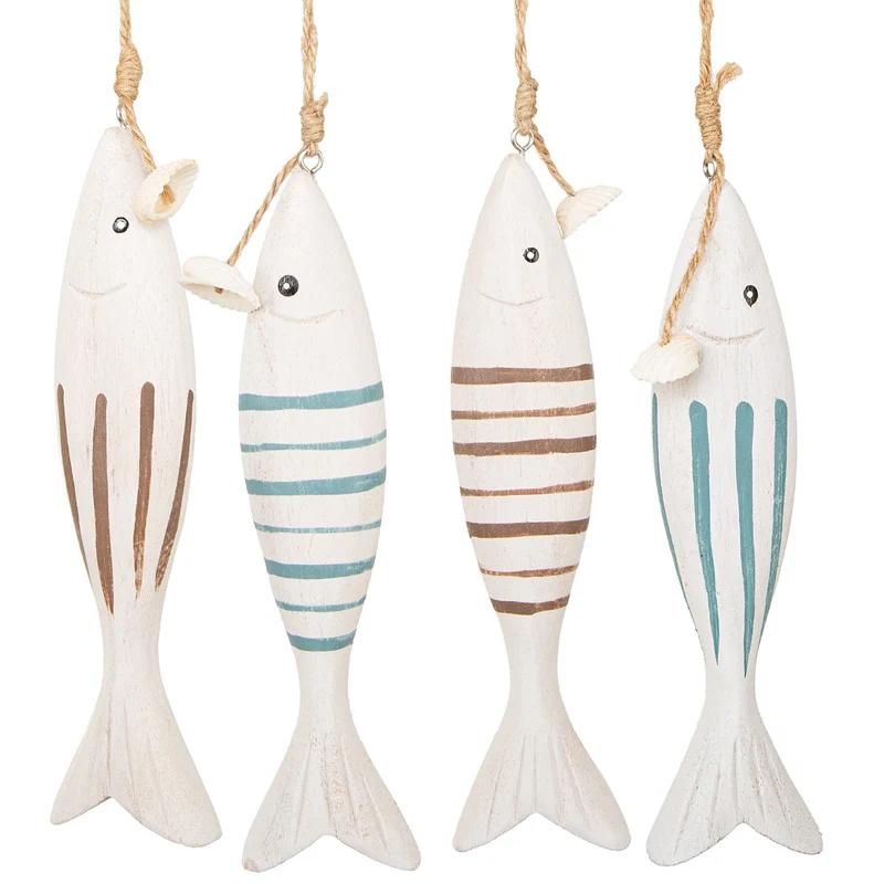 Logbuch-Verlag 4 große Holzfische Fische mit Schnur zum Aufhängen Maritime Dekoration Fischernetz Badezimmer Deko blau weiß 18 cm