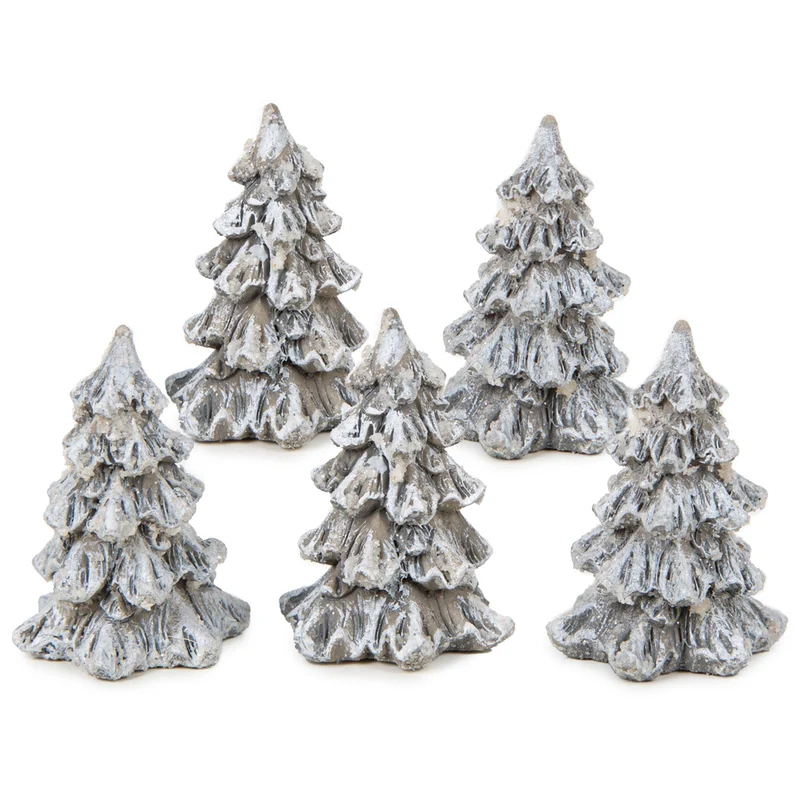 5 Mini Weihnachtsbäume - kleine Tannenbaum Figuren grau weiß 4,5 cm