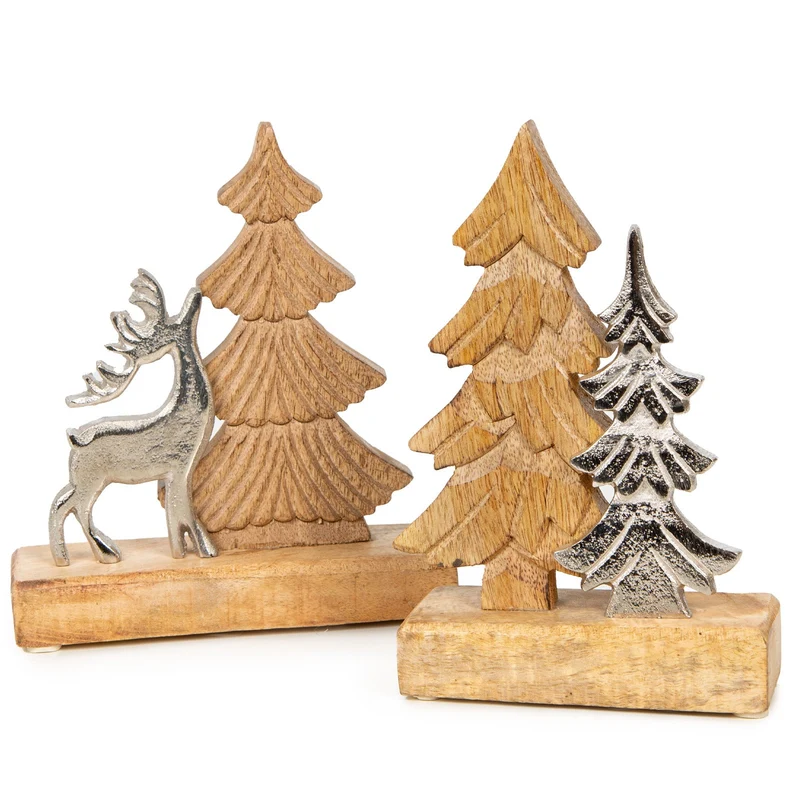 Weihnachtsdeko Set Weihnachtsbaum + Hirsch aus Holz & Metall 16 x 18 cm