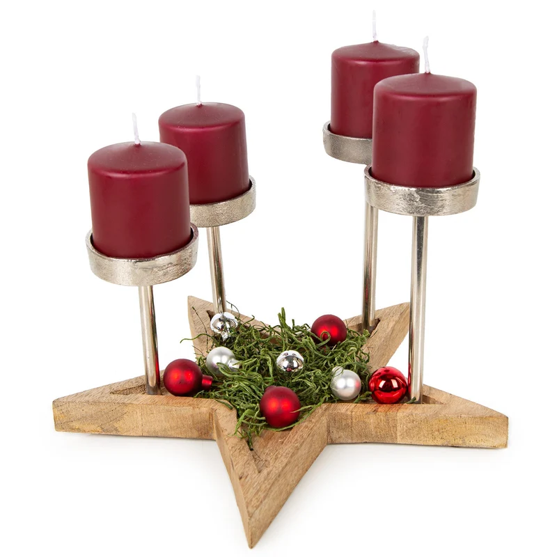 Kerzenständer mit 4 roten Kerzen - Adventkranz fertig dekoriert 30 x 24 cm