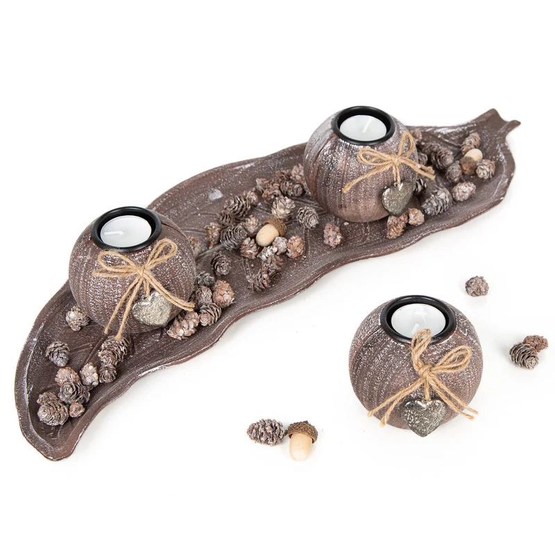 Logbuch-Verlag herbstliches Deko Set 3 braune Kerzenhalter mit Dekoschale, Eicheln & Zapfen Herbstdekoration Geschenkset 51 cm