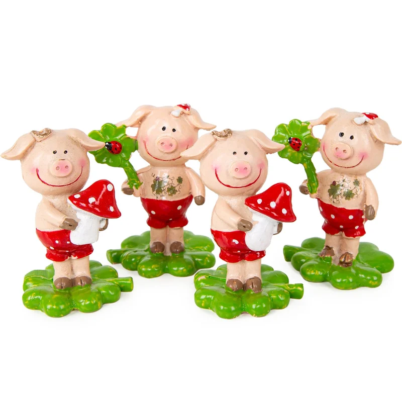 4 Glücksbringer Schweinchen 8 cm Figuren rosa mit Kleeblatt für Silvester