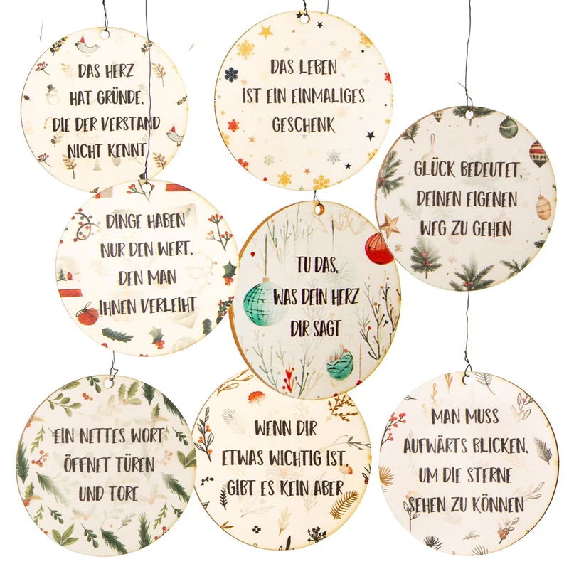 8 Weihnachtskugeln aus Holz mit Sprüchen Ø 8 cm flache Geschenkanhänger