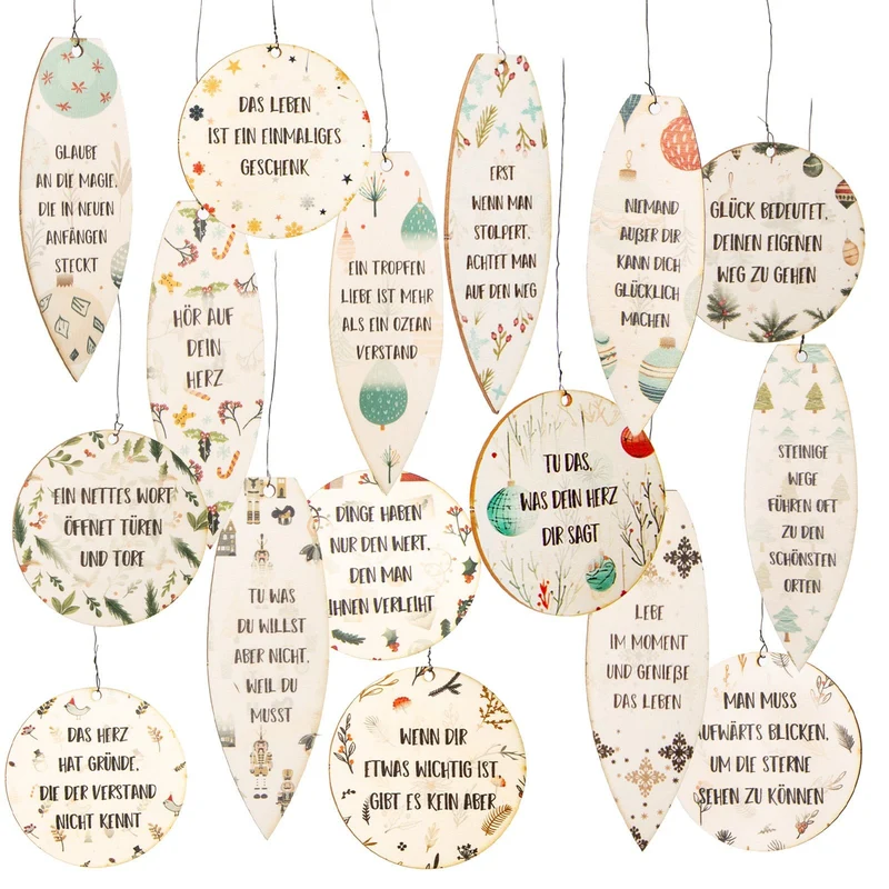 16 Weihnachtsanhänger aus Holz - Kugeln & Zapfen mit Sprüchen 8-12 cm