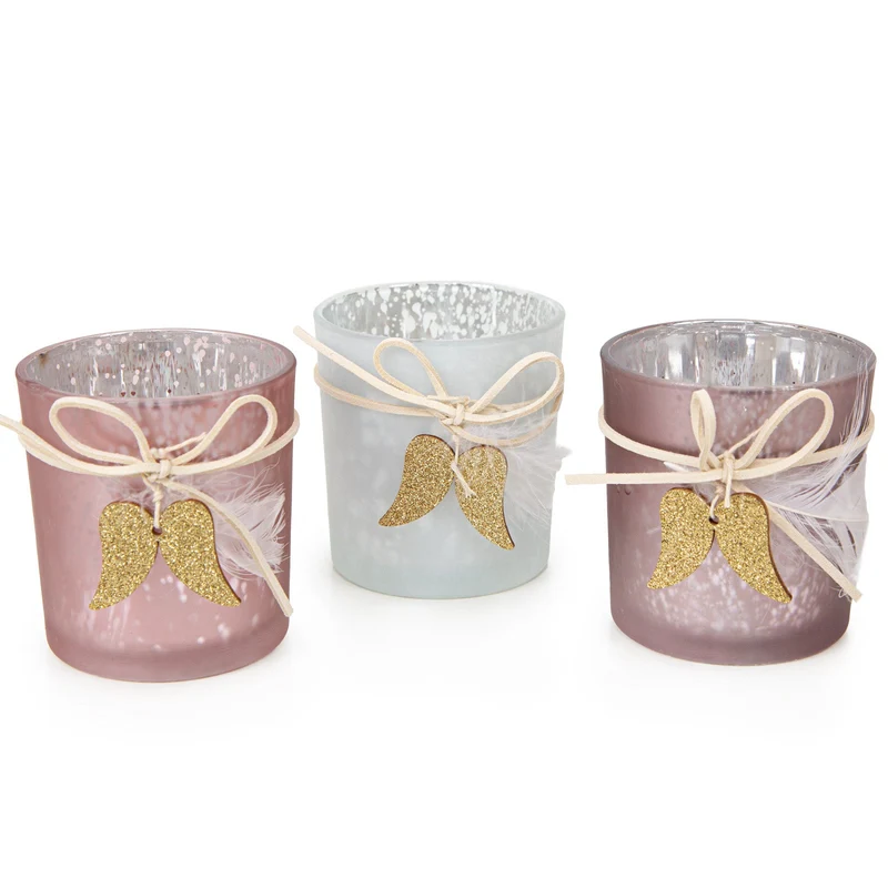 Kerzenhalter 3er-Set rosa lila weiß mit goldenen Flügeln 7,3 x 8 cm