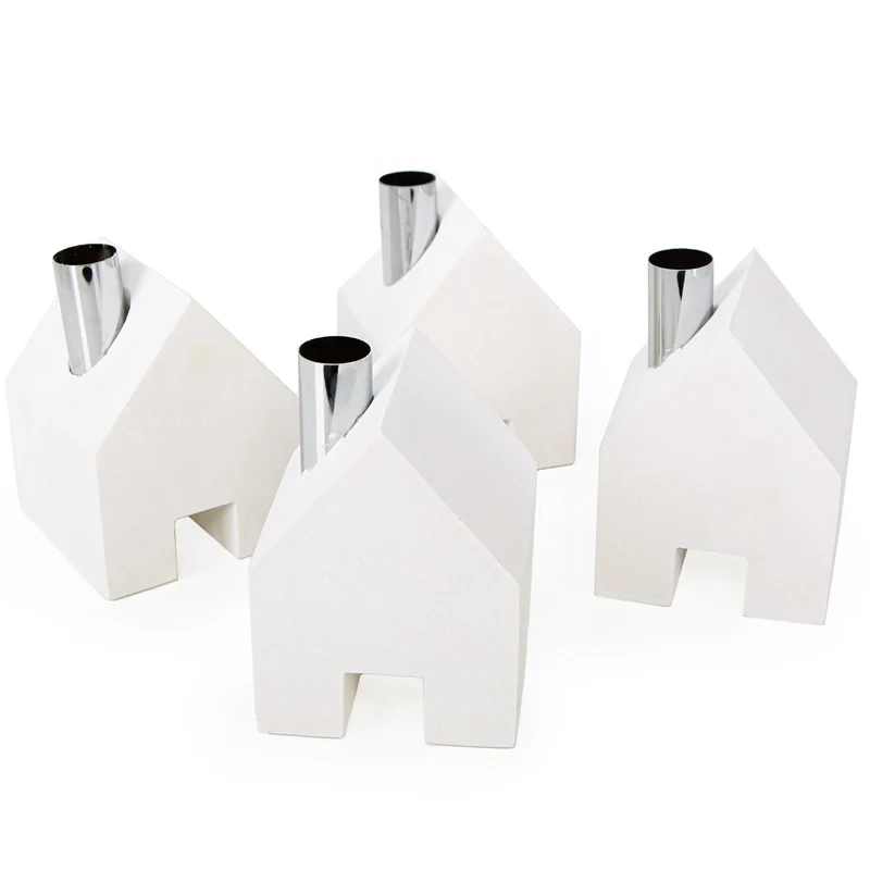 Logbuch-Verlag 4 Beton Kerzenhalter für Stabkerzen Adventskranz Haus Kerzenständer Industrial Deko weiß 9 x 9 x 12 cm