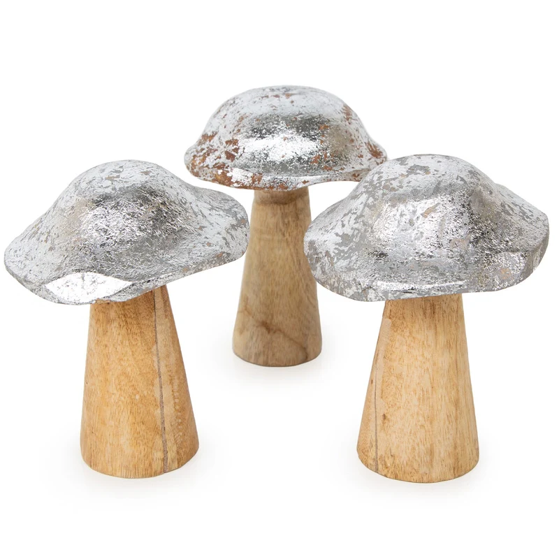 Logbuch-Verlag 3 Pilz Figuren aus Holz Herbst Weihnachten Deko Set Silber braun Dekofiguren 13 x 10 cm