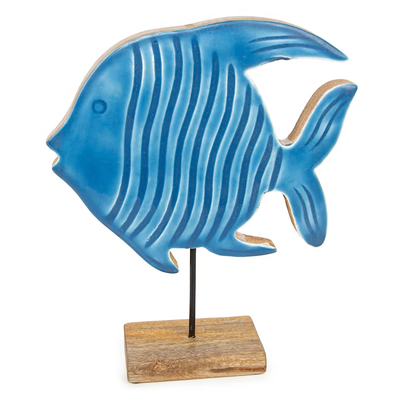 Logbuch-Verlag Fisch Figur aus Holz blau braun Dekoobjekt maritim Badezimmer Dekoration zum Hinstellen 25 cm