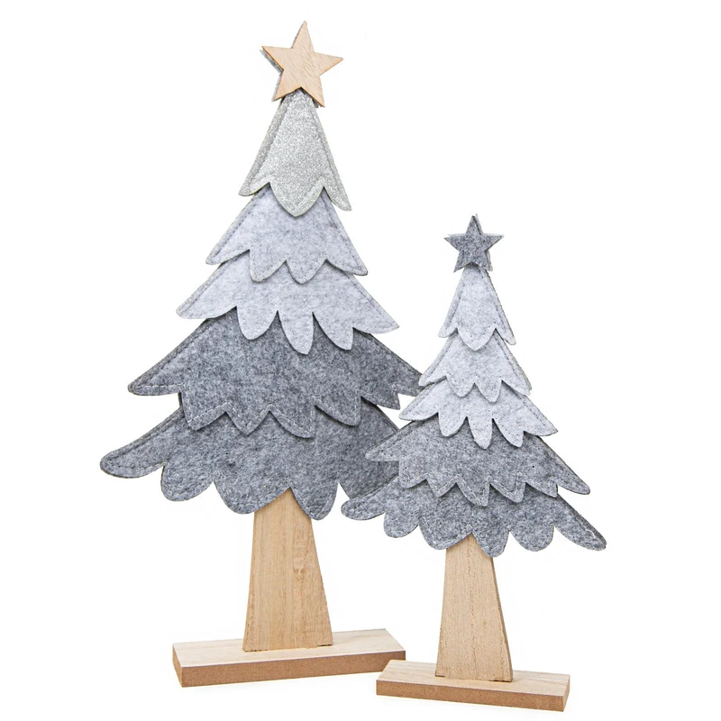 2 Tannenbaum Figuren Set aus Filz & Holz grau Weihnachtsdeko 26-40 cm