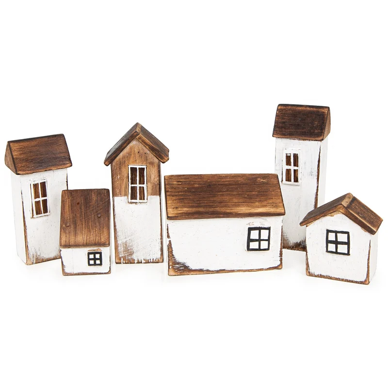 Logbuch-Verlag 6 Maritime Häuser Deko Set Holzhäuser braun weiß mediterrane Dekoration Häuserzeile 33 x 3 x 12 cm