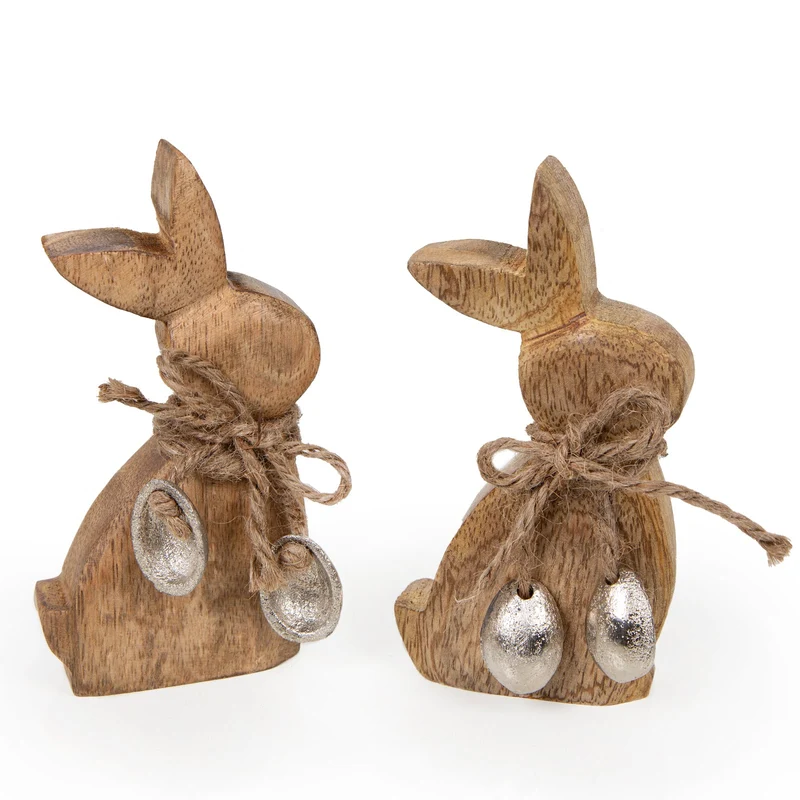Osterhasen Set 2 Hasen Figuren aus Holz braun Silber Dekohase Ostern Deko 14 cm