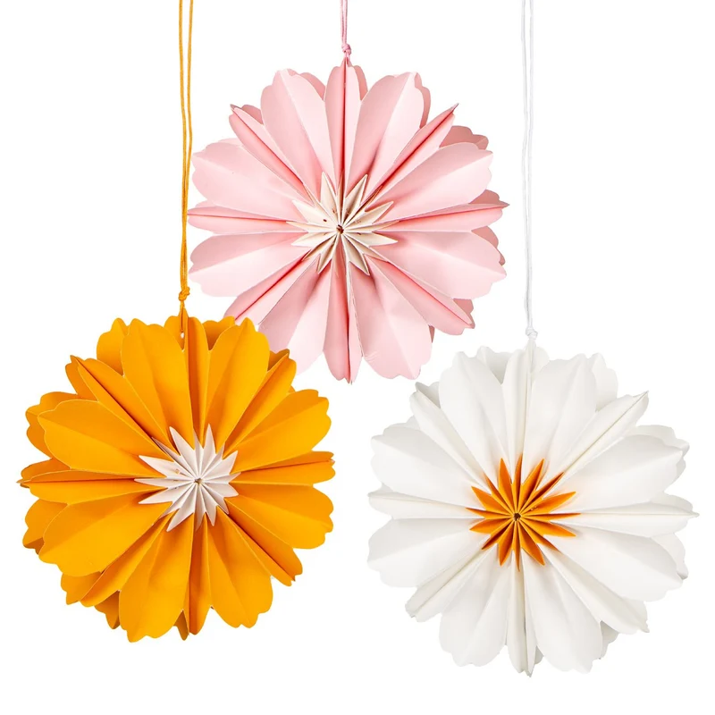 3 große Bunte Blumen Anhänger orange rosa weiß Papier Frühlingsdeko Ø 12,5 cm