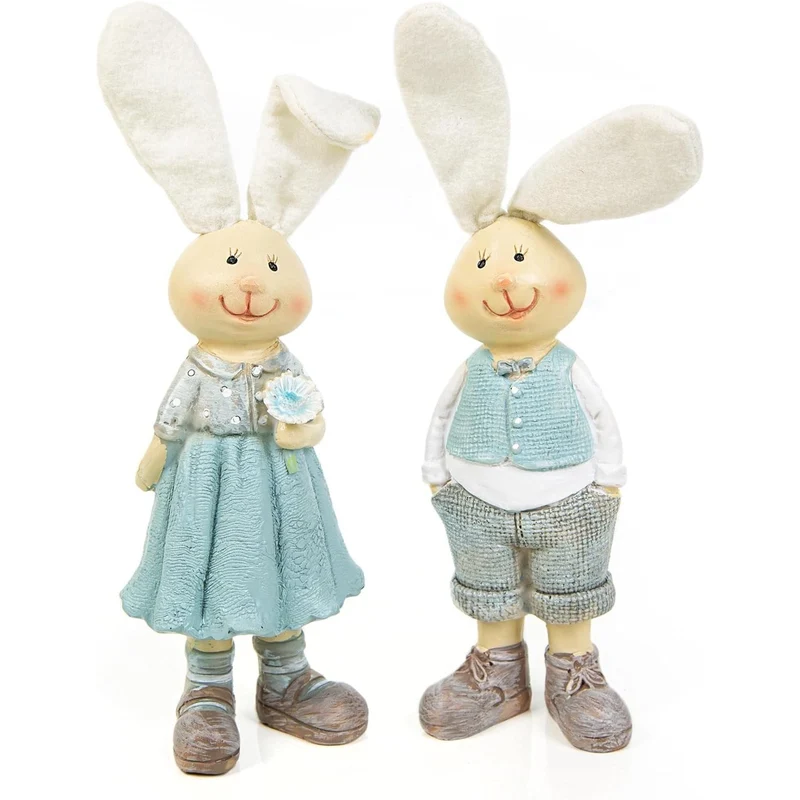 Osterhasen Paar Mann + Frau blau Creme Hasen Figuren zum Hinstellen 20 cm