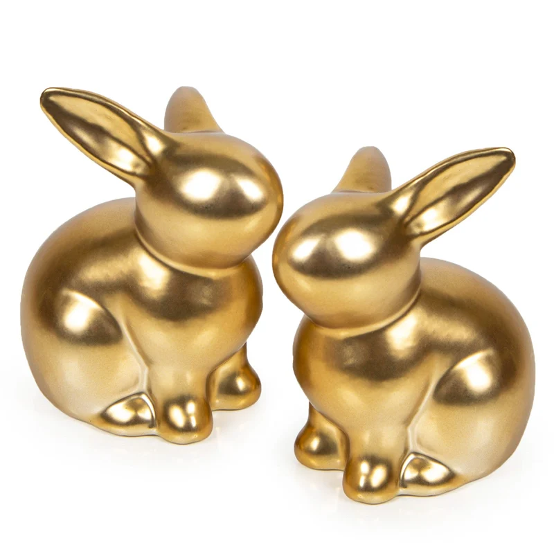 2 goldene Osterhasen aus Dolomit Hasen Figuren 10 cm