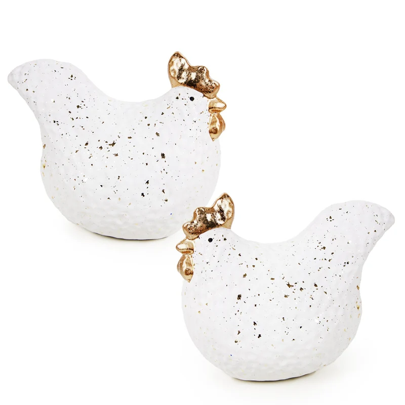 2 Hühner Deko Figuren Ostern Creme Gold gesprenkelt Terrakotta 16,5 cm