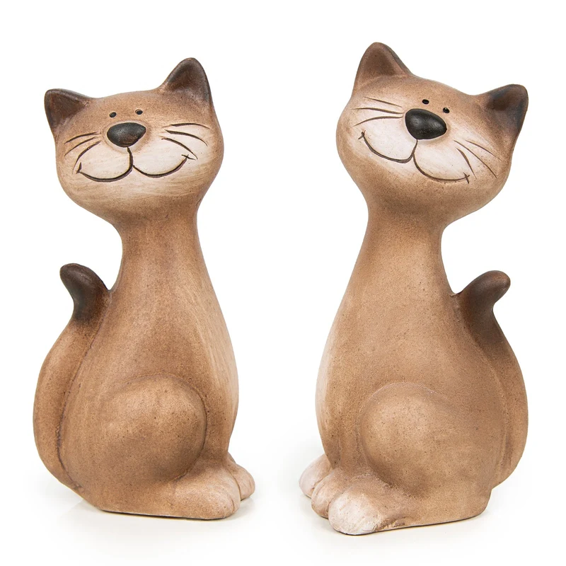 2 Katzen Deko Figuren Keramik Katzenfiguren beige braun 22,5 cm