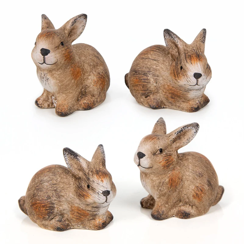 4 Hasen Figuren Ostern Deko braun Terrakotta 9,5 cm Osterhasen kleines Ostergeschenk