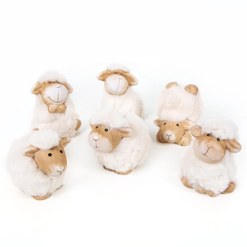 Schafherde 6-TLG. Figuren Creme beige aus Terrakotta Schaffiguren Ostern 10 cm