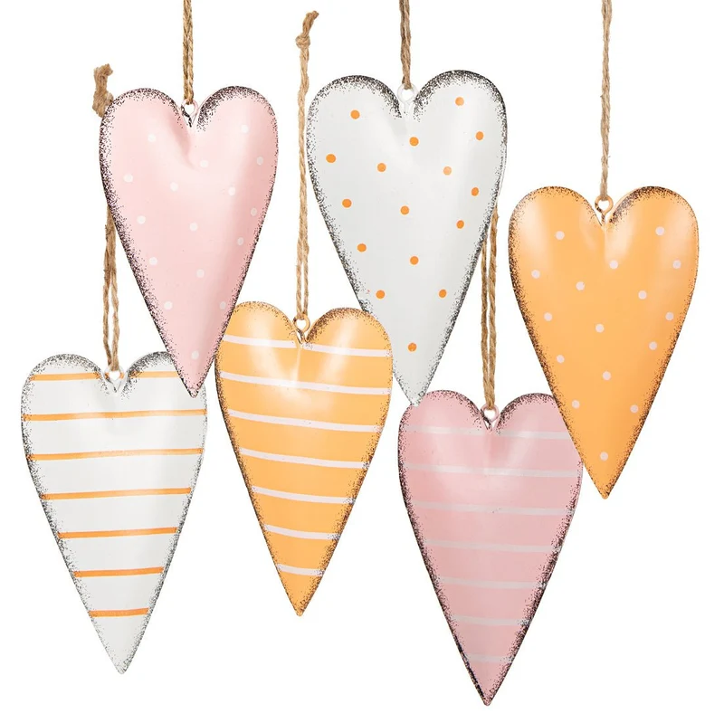 6 Bunte Metallherzen zum Aufhängen Frühlingsdeko Ostern Deko rosa orange weiß 11 cm