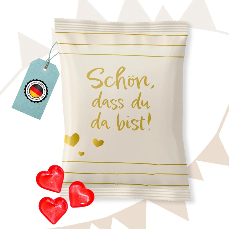 Fruchtgummi Tütchen Schön, dass du da bist – Gastgeschenk Hochzeit mit roten Herzen