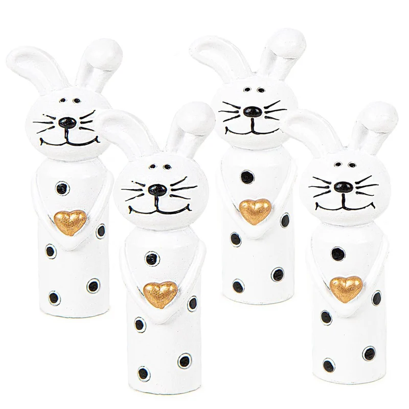 4 Osterhasen Figuren kleine Hasen mit Herz schwarz weiß Gold Mini 8,5 cm