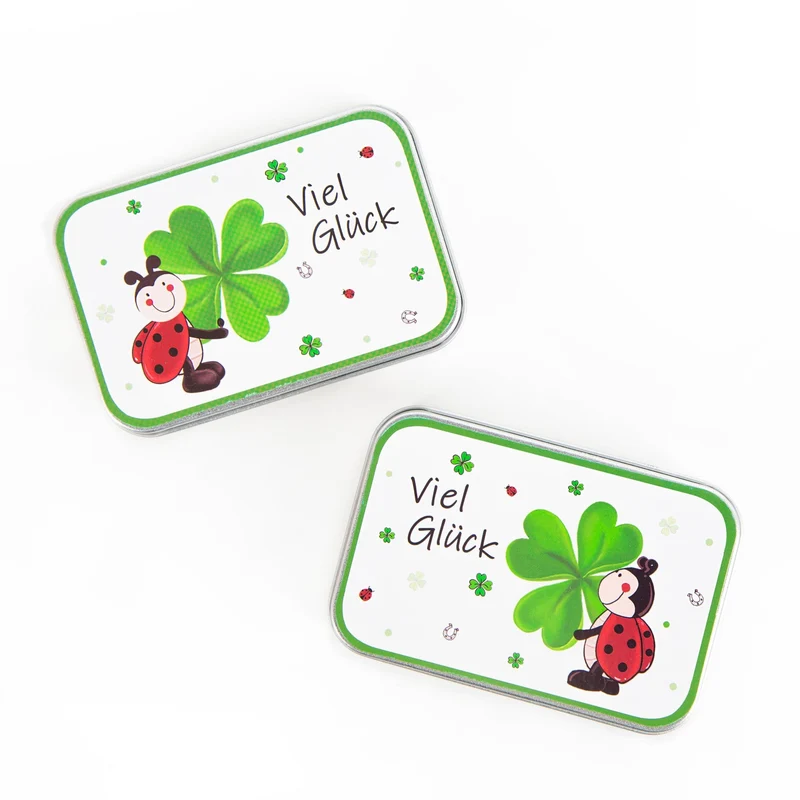 2 kleine Viel Glück Geschenkdosen Metalldose mit Deckel 9,5 x 6,5 x 2 cm